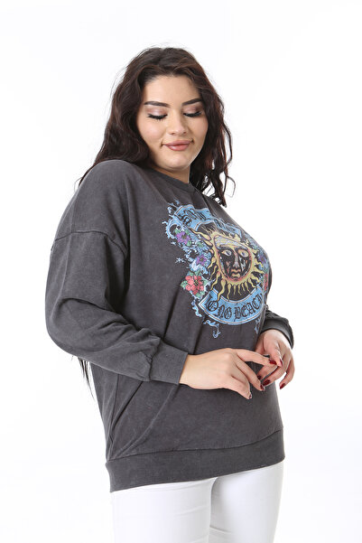 Şans Women's Large Size Smoked Front Printed Sweatshirt 65N38616