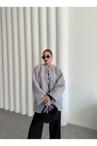 Laluvia Γκρι δέσιμο μπροστινό Teddy Jacket-7328