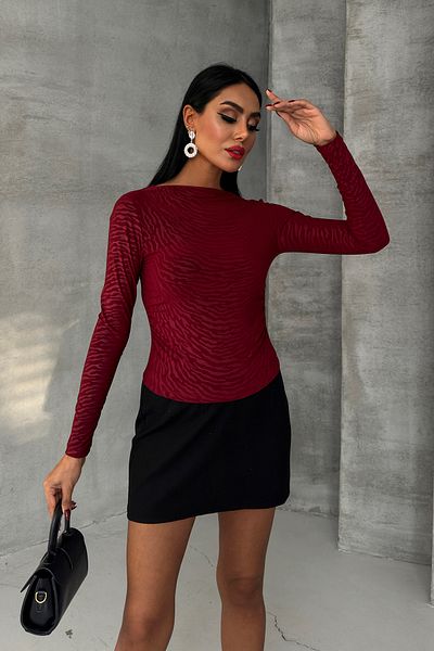 LACHT Women's Burgundy Waist Drawstring Boat Neck Zebra Print Sandy Blouse