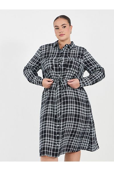 Styli Plus Size Checked Shirt Midi Dress with Tie Belt