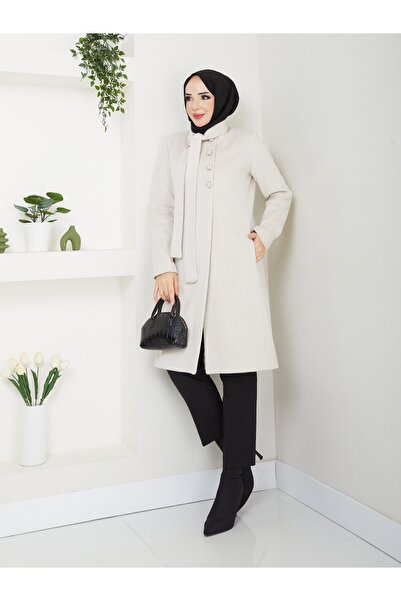 Dabenti women style Kadın Balıksırtı Taşkrem Kuşaklı Kaşe Kaban