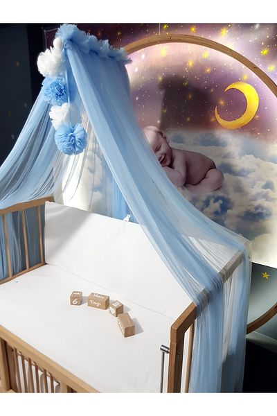 bebek iklimi Baby Luxury Mosquito Net Set - Blue and White with Four Pompoms - 6 Meters Lycra Tulle (APARAT INCLUDED)