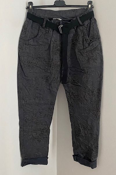 AYASOFYA OTANTIK Women's Italian Dark Gray Elastic Waist Belt Leopard Print Skinny Lycra Trousers