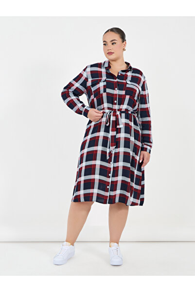 Styli Plus Size Checked Shirt Midi Dress with Tie Belt