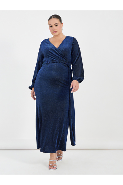 Styli Plus Size Glitter Look Wrap Front Draped Maxi Dress