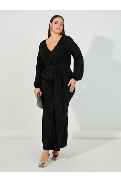 Styli Plus Size Glitter Look Wrap Front Draped Maxi Dress
