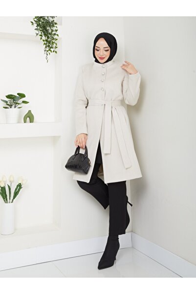 Dabenti women style Kadın Balıksırtı Taşkrem Kuşaklı Kaşe Kaban