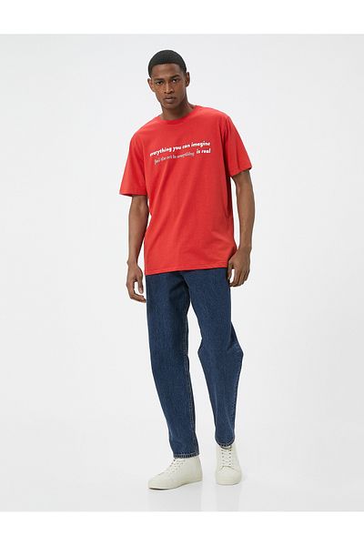 Koton Kurzärmliges Rundhals-T-Shirt aus Baumwolle mit Slogan-Aufdruck