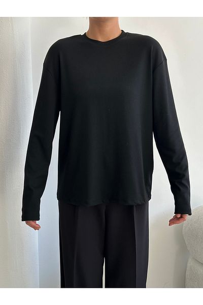 Laluvia Schwarzes, langärmliges, breites T-Shirt – 24151
