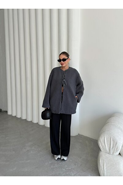 Laluvia Anthracite Front Tie Teddy Jacket-7328