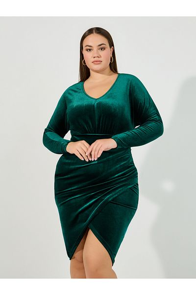 Styli Plus Size Velvet Long Sleeves Bodycon Knee Length Dress