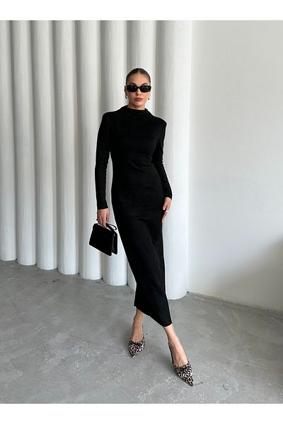 Laluvia Μαύρο Nancy Suede Midi φόρεμα - 4438