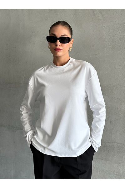 Laluvia Weißes, langärmliges, breites T-Shirt – 24151