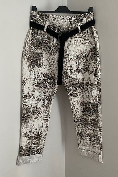 AYASOFYA OTANTIK Women's Italian White Elastic Waist Belt Leopard Print Skinny Lycra Trousers