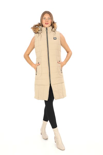 Dabenti women style Women's Stone Cream Sleeveless Hooded Zippered Quilted Long Nova Vest