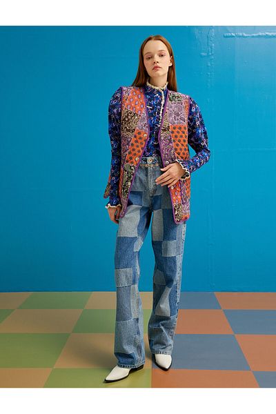 Koton Oversize Vest Ethnic Patterned V-Neck Pocket Detailed