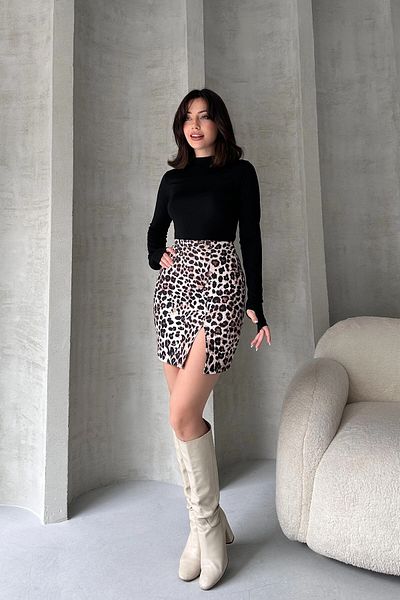 bacc Women's Black Leopard Print Slit Mini Skirt Bcdf- 242144