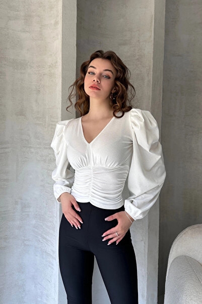 bacc Women's White V-Neck Draped Detailed Crepe Blouse Bcdf- 242138