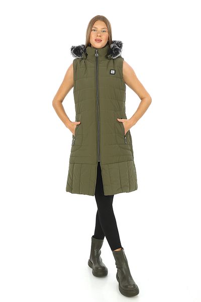 Dabenti women style Women's Khaki Green Sleeveless Hooded Zippered Quilted Long Nova Vest