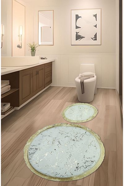 FeelHome Σετ 2 απορροφητικών χαλιών μπάνιου Super Luxury - Αντιολισθητική βάση Saudiy, στρογγυλή ασημί λευκή & χρυσή