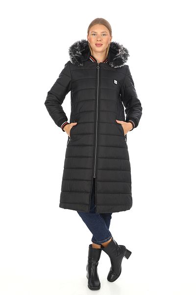 Dabenti women style Women's Black Hooded Long Quilted Ribbed Coat
