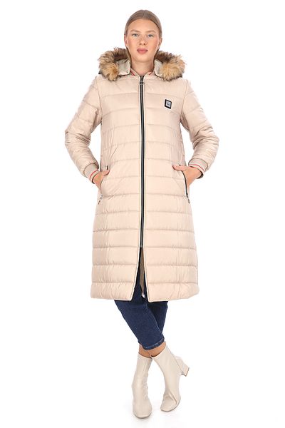 Dabenti women style Women's Stone Cream Hooded Long Quilted Ribbed Coat