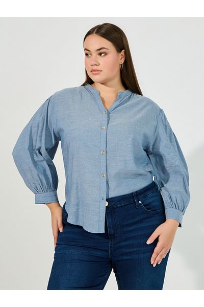 Styli Plus Size Solid Cotton Chambray Stand Collar Shirt
