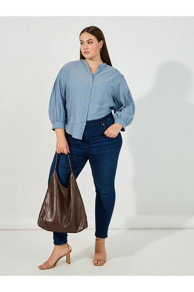 Styli Plus Size Solid Cotton Chambray Stand Collar Shirt
