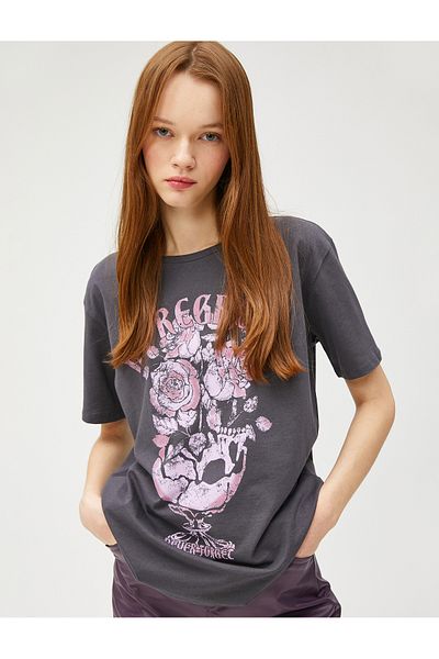 Koton Printed Oversize T-Shirt Crew Neck Short Sleeve Cotton