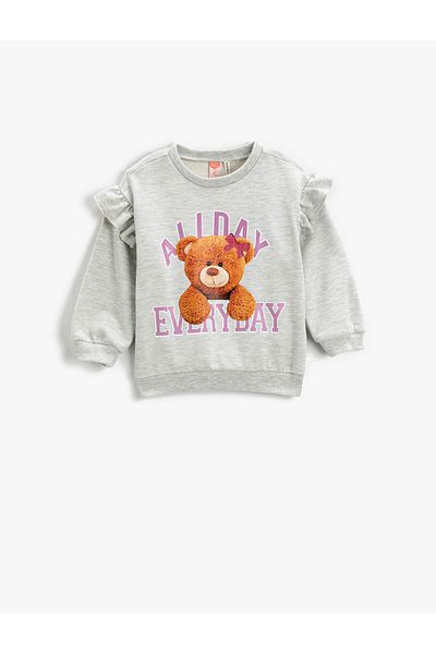 Koton Mikina Teddy Bear s potištěným volánem s dlouhým rukávem a výstřihem