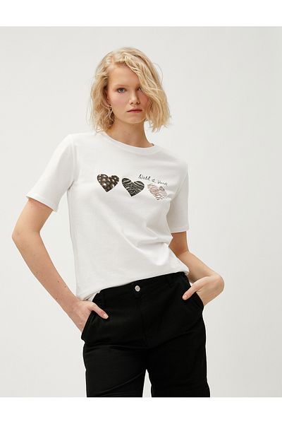 Koton Μπλουζάκι Heart Printed Κοντό μανίκι βαμβακερό
