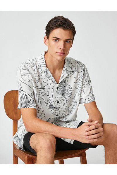 Koton Short Sleeve Shirt Turn-down Collar Leaf Detail