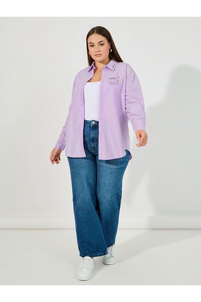 Styli Plus Size Oversized Shirt with Embroidered Collar Detail