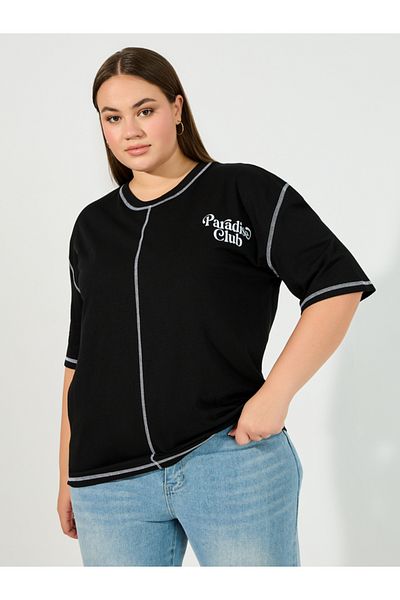 Styli Plus Size Overlock Seam Slogan Print Oversized T-Shirt