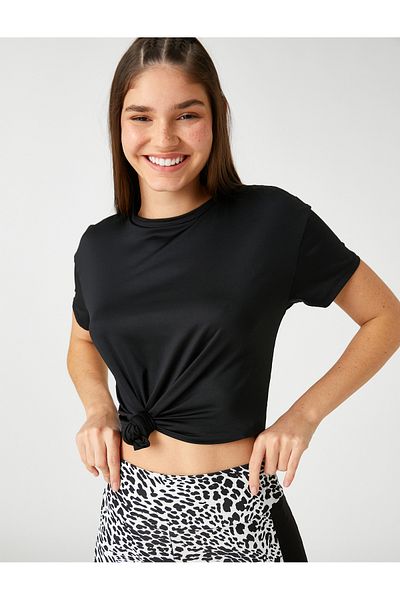 Koton Tricou crop sport cu mânecă scurtă cu decolteu cu textura moale