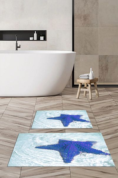 Viyana Home Covoraș de baie lavabil cu bază anti-alunecare imprimată 3D Set de 2 covoare pentru toaletă, WC-112-ALBASTRU,