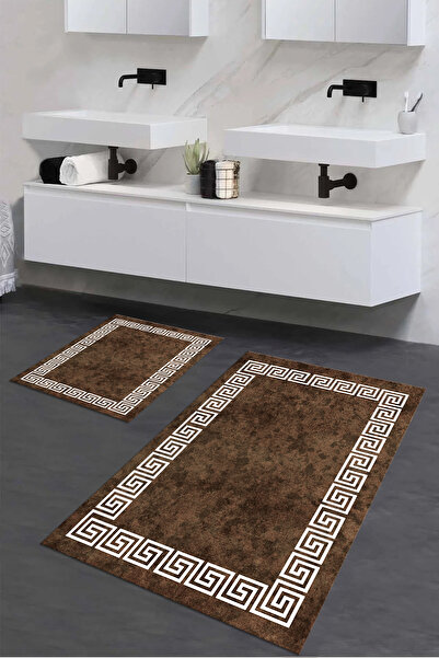 Viyana Home Τυπωμένο αντιολισθητικό πλενόμενο χαλάκι μπάνιου με πλαίσιο, σετ 2 τεμαχίων για τουαλέτα
