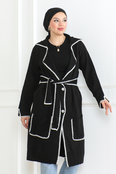 MAY MARA Women's Choban Stitch Detailed Pocket Long Knitting Cardigan