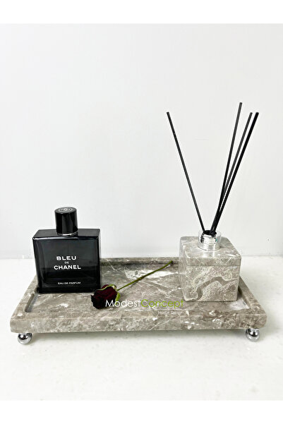 Modestmar Gri Mermer Düzenleyici, Organizer, Gri Mermer Tepsi 15x30 Gümüş Top...