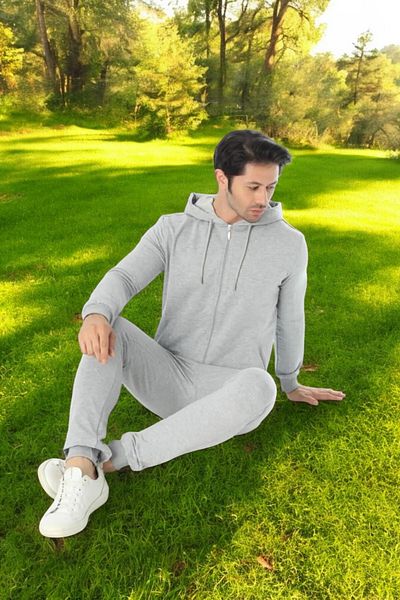 White Velvet Men's Gray Hooded Tracksuit Set