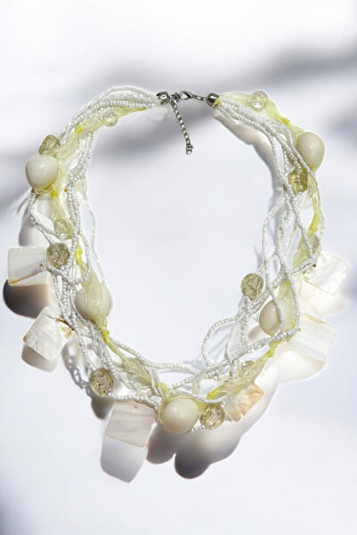 PETEK AKSESUAR Square Pearl Stone Acrylic Glass Bead Multi Tule Necklace