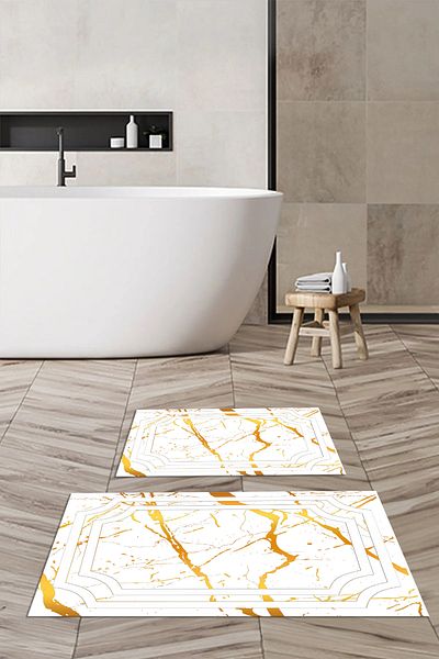Viyana Home Printed Non-Slip Washable Marble Pattern Bath Mat 2-Piece Toilet Set Carpet, Toilet-104-Gold,
