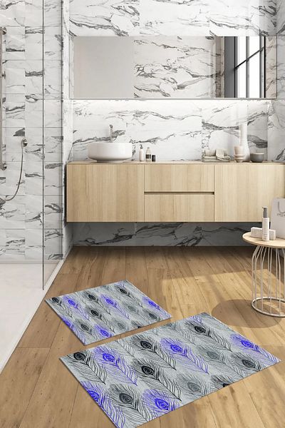 Viyana Home Covoraș de baie floral lavabil, antiderapant, set de 2 covoare pentru toaletă, WC-129-BLUE,