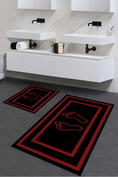Viyana Home Digital Non-Slip Washable Footprint Pattern Bathroom Mat 2-Piece Toilet Set Carpet