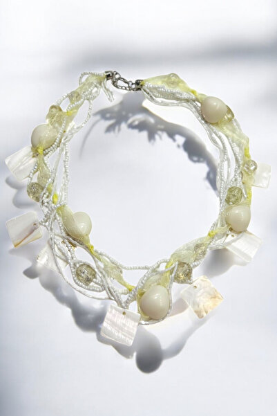 PETEK AKSESUAR Square Pearl Stone Acrylic Glass Bead Multi Tule Necklace