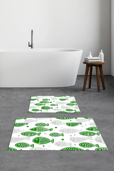 Viyana Home Printed Non-Slip Washable Fish Pattern Bath Mat 2-Piece Toilet Set Carpet