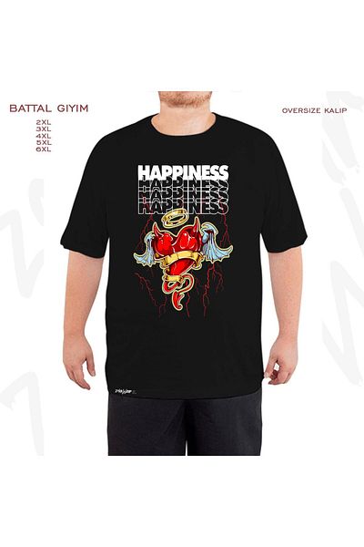 ZOKAWEAR Μαύρο T-Shirt Happiness Custom Printed - Battal Fit