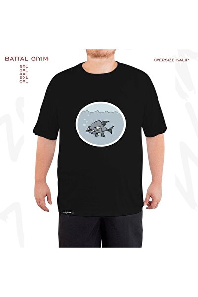 ZOKAWEAR Oversize Piranha Printed Battal (Bol) Mold Μαύρο T-Shirt
