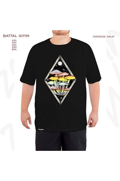 ZOKAWEAR Μαύρο μπλουζάκι Psychedelic Printed Oversize Rainbow Mushrooms - King Mold