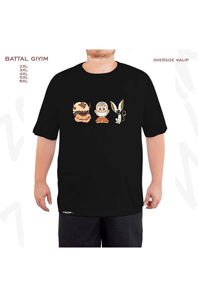 ZOKAWEAR Μαύρο μπλουζάκι Oversize Aang,Momo and Appa Avatar με στάμπα μεγάλου μεγέθους (Bol)